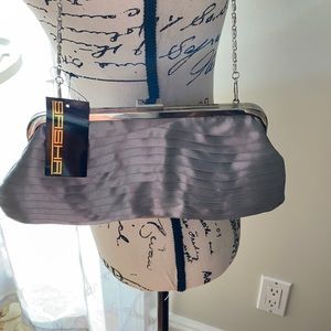 Silver satin evening bag